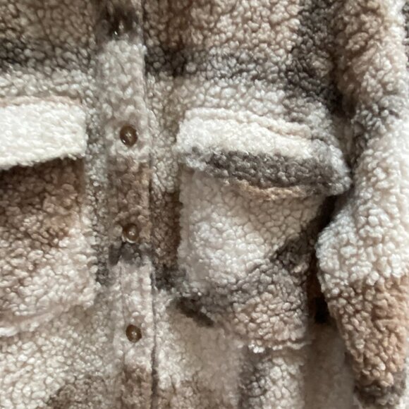 Plaid Teddy Sherpa Shacket Wm Sz M Brown Shirt Jacket Oversized Country Western - Picture 2 of 14